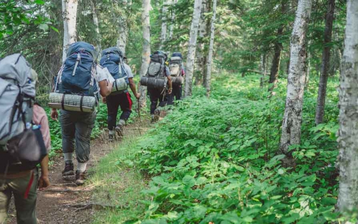 a group of backpacking students hike along a trail surrounded by greenery and trees